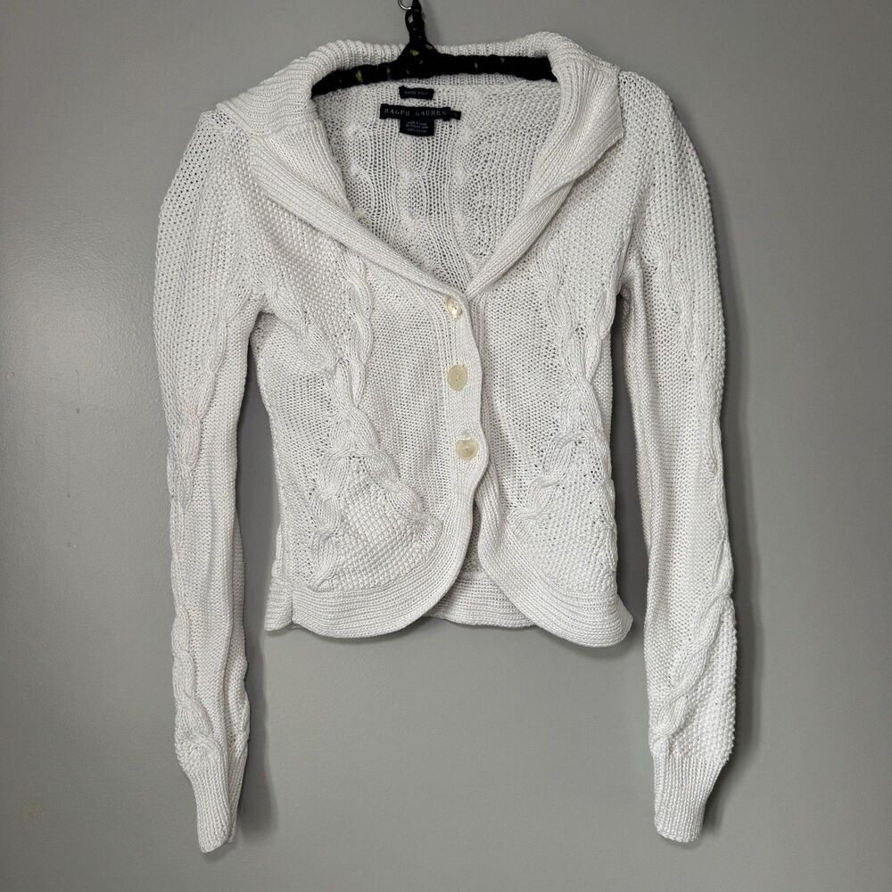 Vintage Ralph Lauren White Cable Knit Slim Fit Cropped Sweater 100% Cotton Sz S